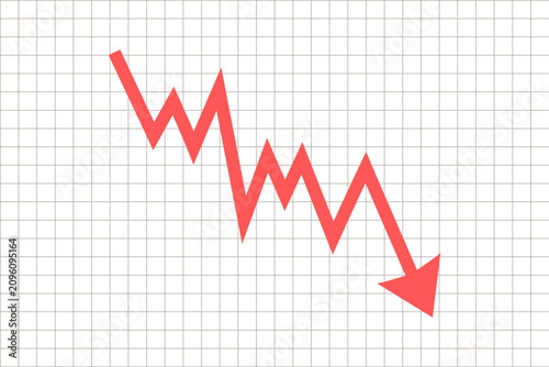 Red zigzag arrow pointing down on grid background. Square format with copy space, symbolizing financial loss, market decline, negative trend, or economic downturn
