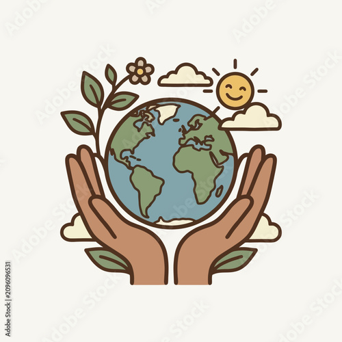 Hand drawn illustration of caring hands holding the planet earth with nature elements