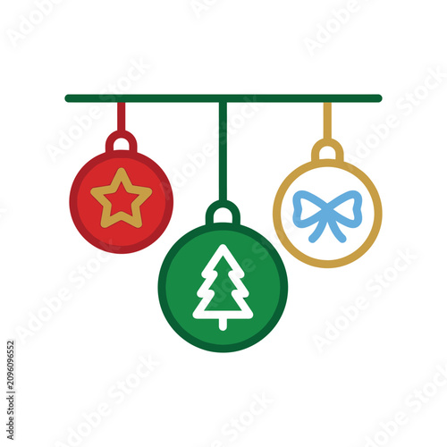 Minimalist vector illustration of three hanging Christmas baubles