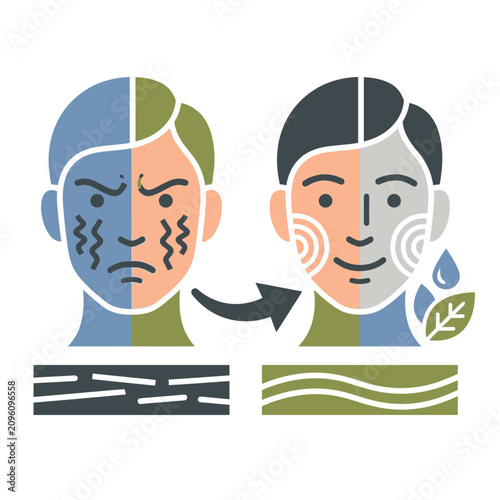 Male skincare icon showing transformation from dry to hydrated skin