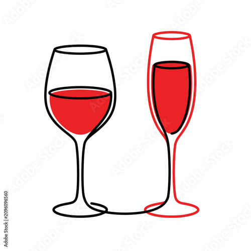 Minimalist line art illustration of two different glasses filled with red wine