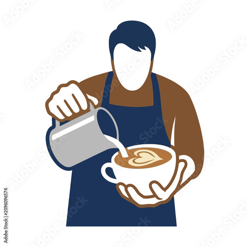 Minimalist vector illustration of a barista pouring milk into a coffee cup