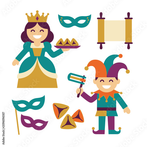 Purim holiday vector illustration set with queen, jester, masks and hamantaschen