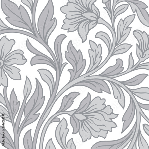 Seamless botanical pattern featuring delicate grey flowers and foliage