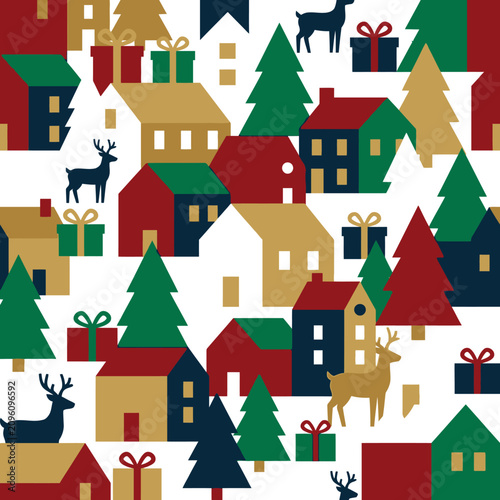 Seamless Christmas pattern with winter village houses and reindeer