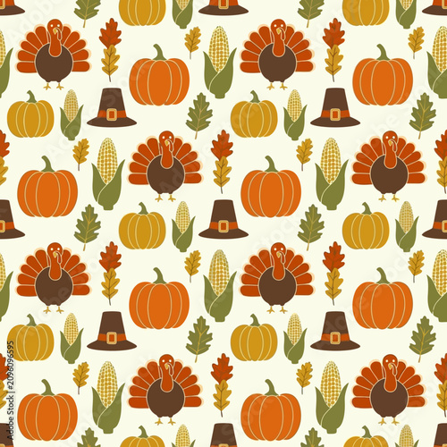 Seamless Thanksgiving pattern featuring hand-drawn turkeys, pumpkins and autumn leaves