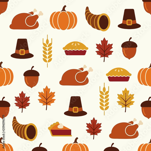 Seamless Thanksgiving pattern with autumn icons on a light background
