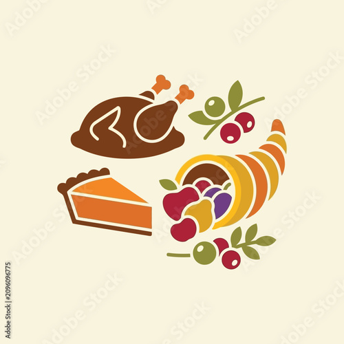 This illustration shows Thanksgiving food icons like turkey, pie and cornucopia