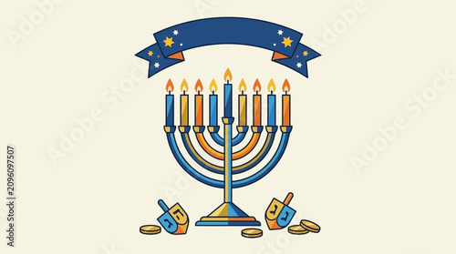 Obraz na plátne Traditional Hanukkah menorah illuminated by candles, with dreidels and gelt