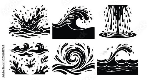 Quadro su tela Water wave collection black vector illustrations on a white background