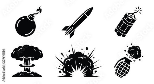 Konstfotografi Explosives And Detonations Black Silhouette Vector Illustrations On White