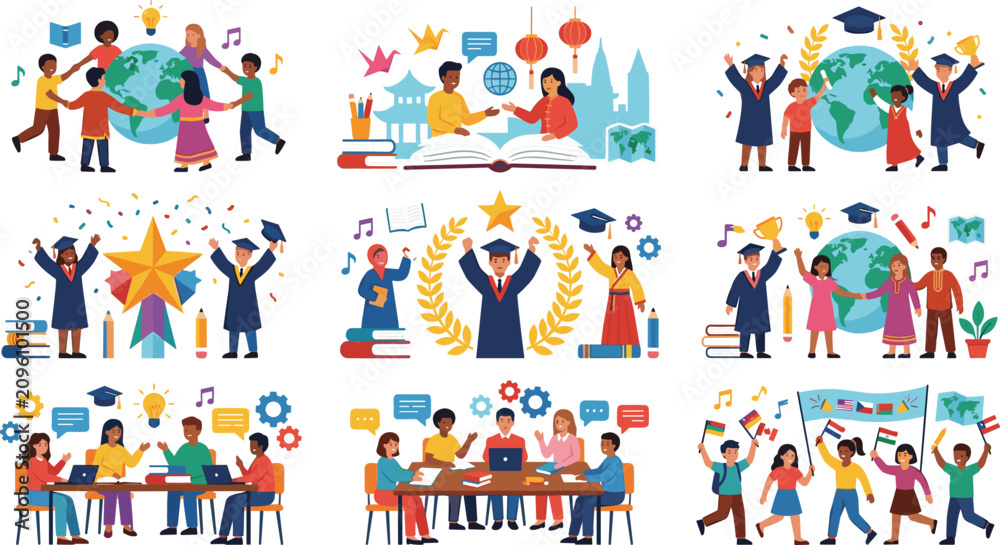 Fototapeta premium Global Education and Student Graduation Illustration Collection Featuring Cultural Diversity Academic Success International Learning and School Celebration Vector