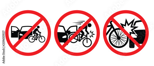 Photos Set of warning signs illustrating bicycle safety hazards involving car doors and collisions with vehicles on transparent background for traffic education and urban safety designs