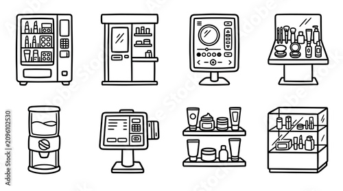 Bild auf Leinwand Set of icons: vending machine, kiosk, display, makeup stand, coffee maker, termi