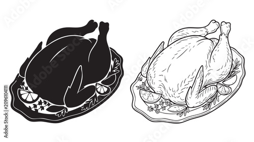 Canvastavla roasted chicken platter with garnishes in line art style featuring garnish, illu
