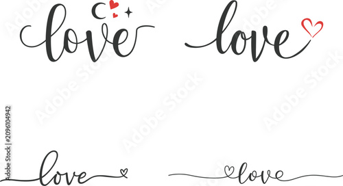 Calligraphic Love Word With Hearts Black Script On White Background