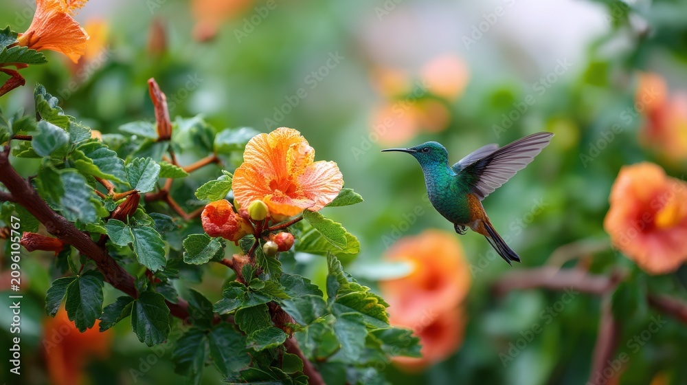Fototapeta premium Hummingbird hovering near bright orange hibiscus flower. Small tropical bird flying in garden on sunny day. Wildlife nature photography showcasing pollination and wild bird habitat.