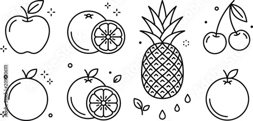 Fresh fruit line icon set featuring apple orange citrus slice pineapple cherry and organic tropical food vector elements