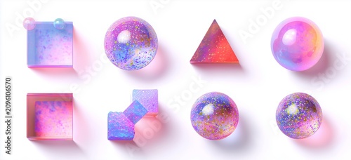 A collection of vibrant, translucent geometric shapes with a holographic effect on a clean, white background.