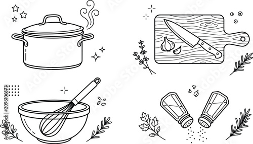 Quadro su tela Cooking and kitchen line icon set with boiling pot cutting board knife whisk mix