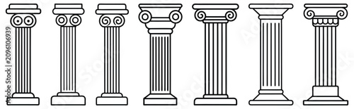 Cuadro en lienzo Line Greek pillars and Roman columns, ancient architecture and antique buildings, vector icons