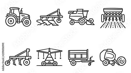 Obraz na płótnie Farm Equipment Line Icons: Tractor, Plow, Harvester, Seeder, Baler, Trailer