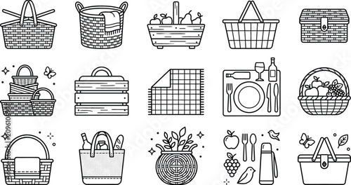 Canvas Print Picnic basket and outdoor dining icon set with wicker hampers food containers bl