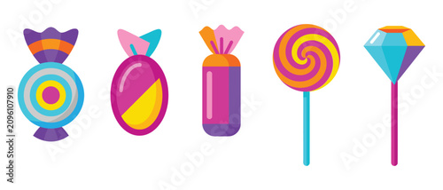 Quadro su tela Set of colorful cartoon candies and lollipops, perfect for playful designs, sweet advertisements, children's party invitations, or any project needing a touch of sugary fun