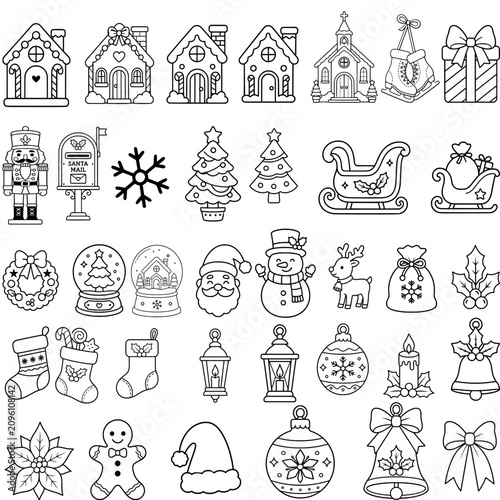 Christmas vector icon collection featuring gingerbread houses, ornaments, gifts, sleighs, reindeer, trees, stockings and festive holiday outline elements isolated on white background.