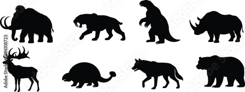 Tableau sur toile Wild Animal Silhouette Collection Set with Mammoth Saber Tooth Tiger Bear Wolf a
