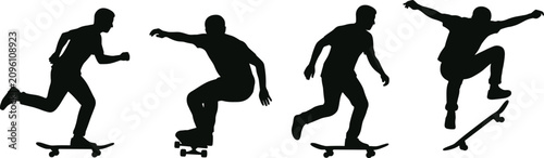 Bild auf Leinwand Skateboarding silhouette sequence showing push, balance, crouch, and jump trick