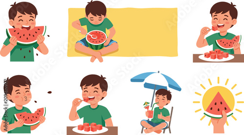 Schilderij op canvas Summer Watermelon Eating Boy Clipart Collection Vector Featuring Flat Cartoon Ki