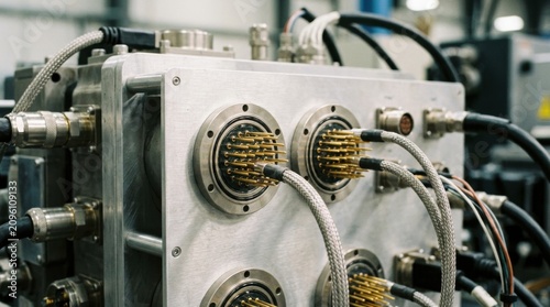 Medium closeup of multipin hermetic glasstometal feedthrough connectors highlighting intricate sealing and electrical isolation for complex power feedthrough systems.