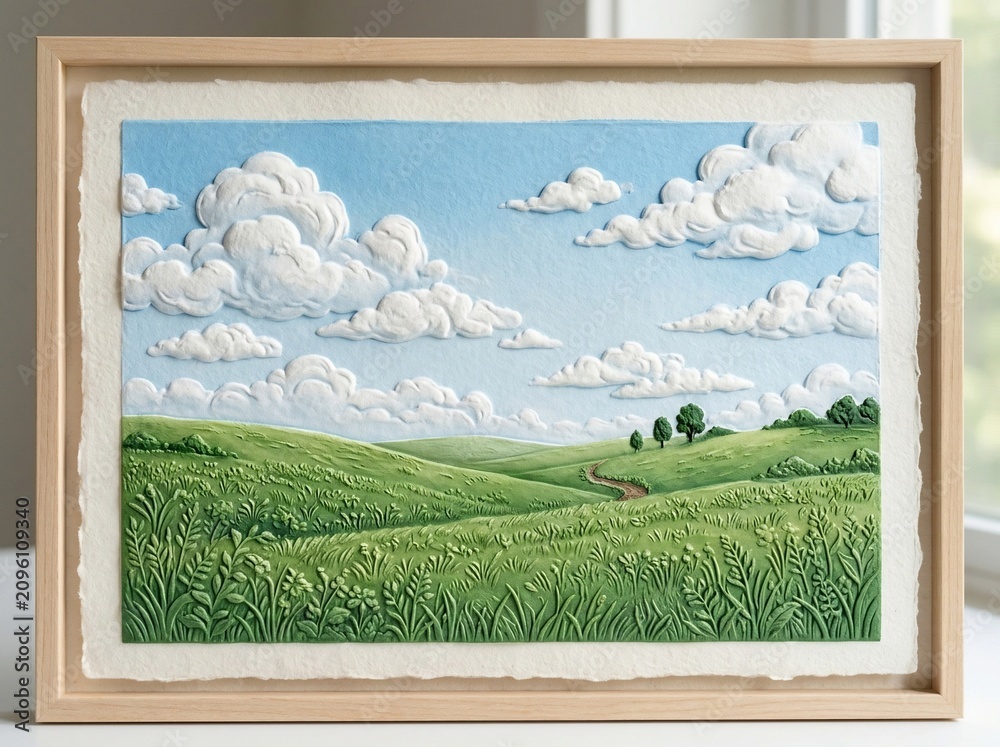 Fototapeta premium Embossed paper art of a green landscape with clouds