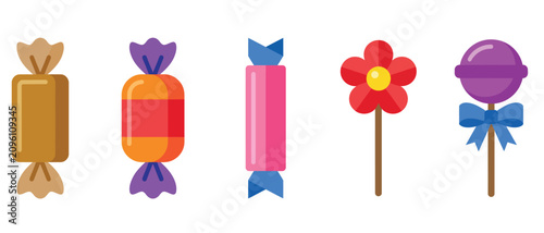 Collection of various candy icons including wrapped sweets and lollipops with floral and bow shapes on transparent background for creative graphic design and fun projects.