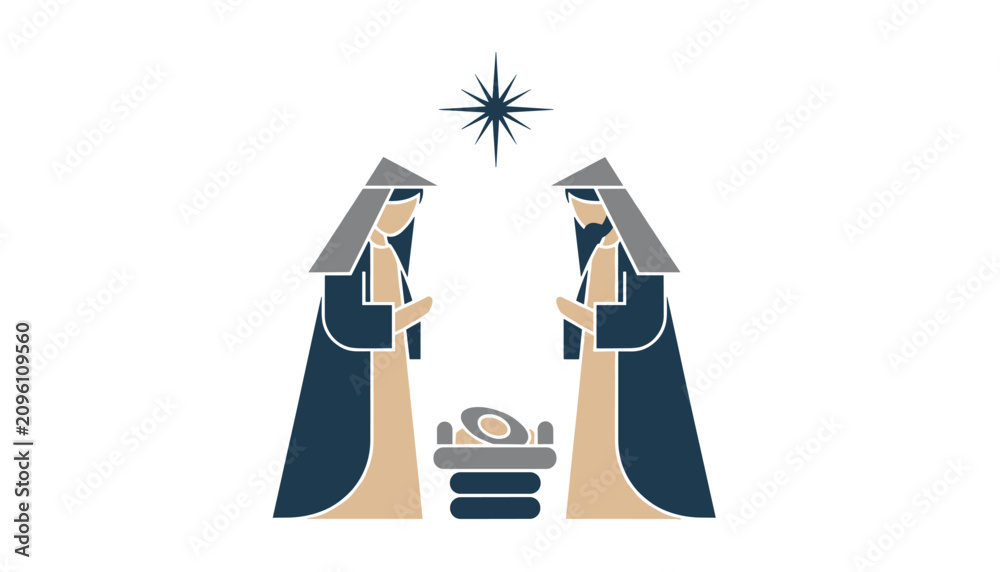Fototapeta premium Stylized nativity scene featuring Mary and Joseph standing by a crib under a bright shining star rendered in minimal geometric shapes.