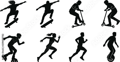Bild auf Leinwand Silhouettes of people skateboarding, scootering, rollerblading, running, and rid