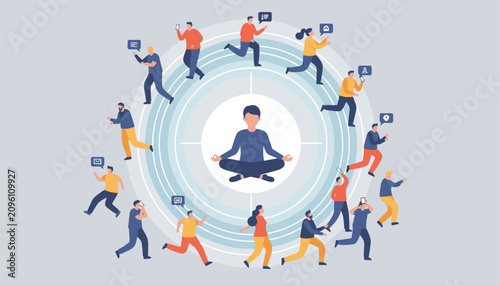 Focused young man meditating in the center while chaotic people run around on outer circles distracted by their smartphones.