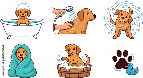 Fotografía Cute Golden Retriever Puppy Dog Bath Time Clipart Collection Vector Featuring Fl