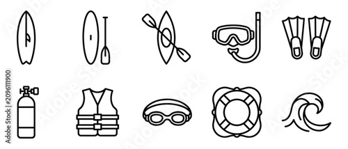 Obraz na płótnie Water Sports and Diving Equipment Vector Line Icon Set