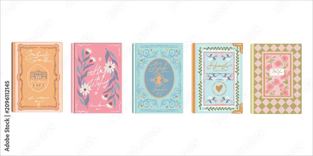 Obraz premium Vector illustration of a set of beautiful book covers. Flat-style clipart featuring a collection of romance-themed books on a white background. Fiction and educational literature. Library. Reading for