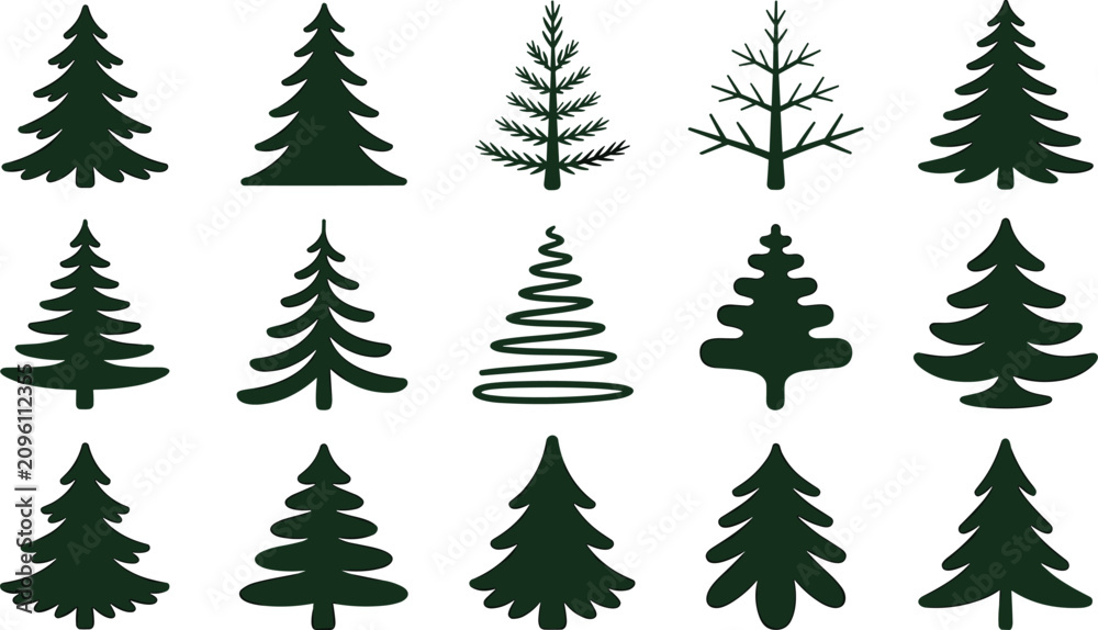 Obraz premium Pine and Christmas Tree Silhouette Vector Set with Diverse Evergreen Conifer, Fir, Spruce, and Abstract Pine Tree Shapes for Winter Holiday DesignsPine and Christmas Tree Silhouette Vector Set with Di
