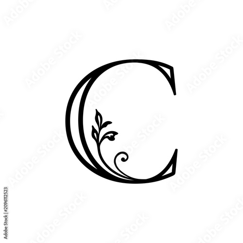 Elegant ornate botanical monogram letter C with decorative floral flourish. Black vintage serif alphabet vector isolated on white background for logos, branding, wedding invitations, stationery