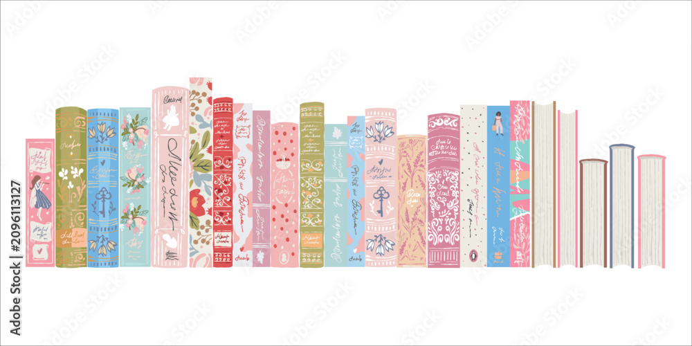 Obraz premium Colorful book spines. Set of books on a transparent background. Flat-style vector illustration. Bookshelf. Girly-style book clipart collection. Vector illustration