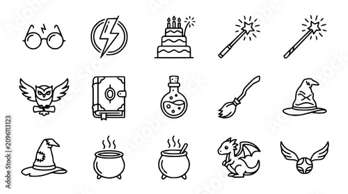 Schilderij op canvas Magical Fantasy Icons Set: Wands, Owl, Potion, Hat, Dragon, Broomstick, Glasses,