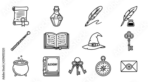 Cuadro en lienzo Fantasy Magic Icons: Scroll, Potion, Quill, Wand, Book, Hat, Key, Cauldron, Comp