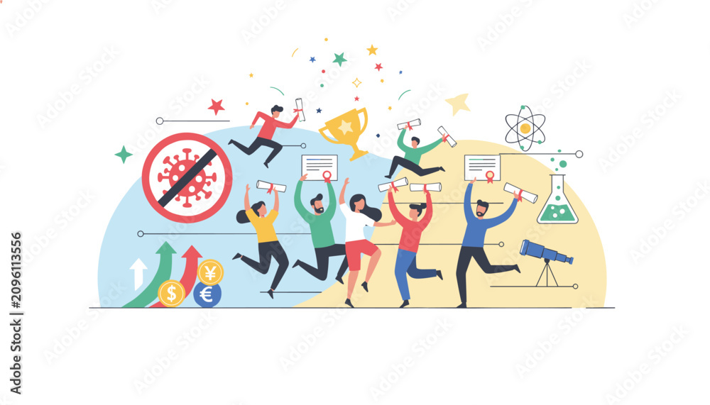 Fototapeta premium Celebration of graduation and scientific achievements during economic recovery and pandemic prevention milestones.