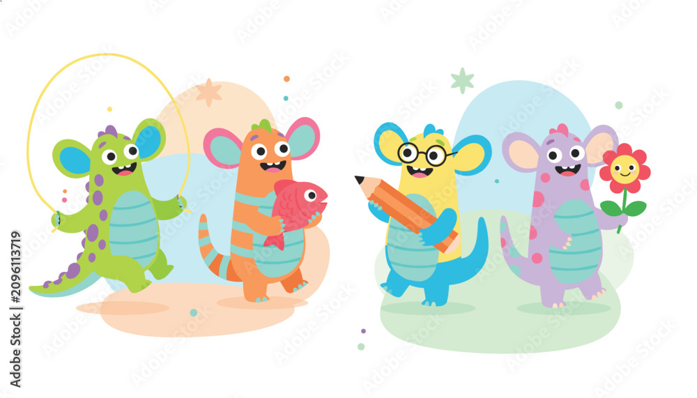 Naklejka premium Group of four friendly cartoon baby monsters enjoying different activities like jumping rope, drawing, and holding toys.