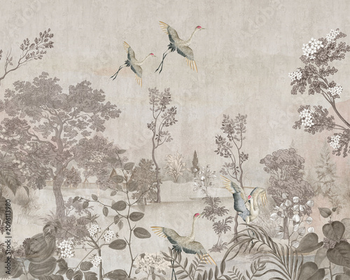 фотографія Elegant Chinoiserie Heron and Songbird Garden | Vintage Botanical Wallpaper