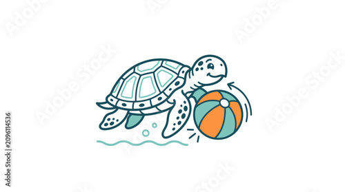 Картината върху платно Smiling turtle playing with beach ball.